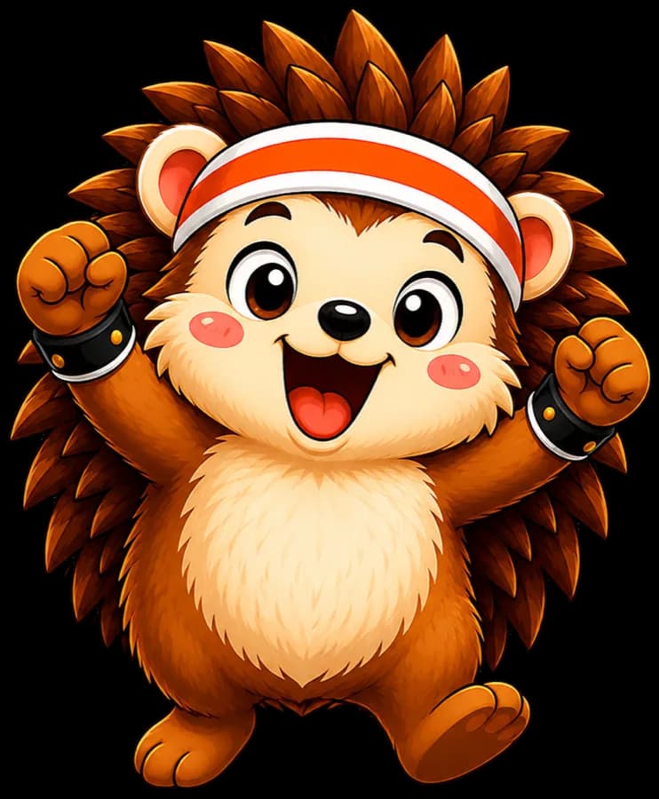 Pal the Hedgepal hedgehog mascot cheering with both arms raised