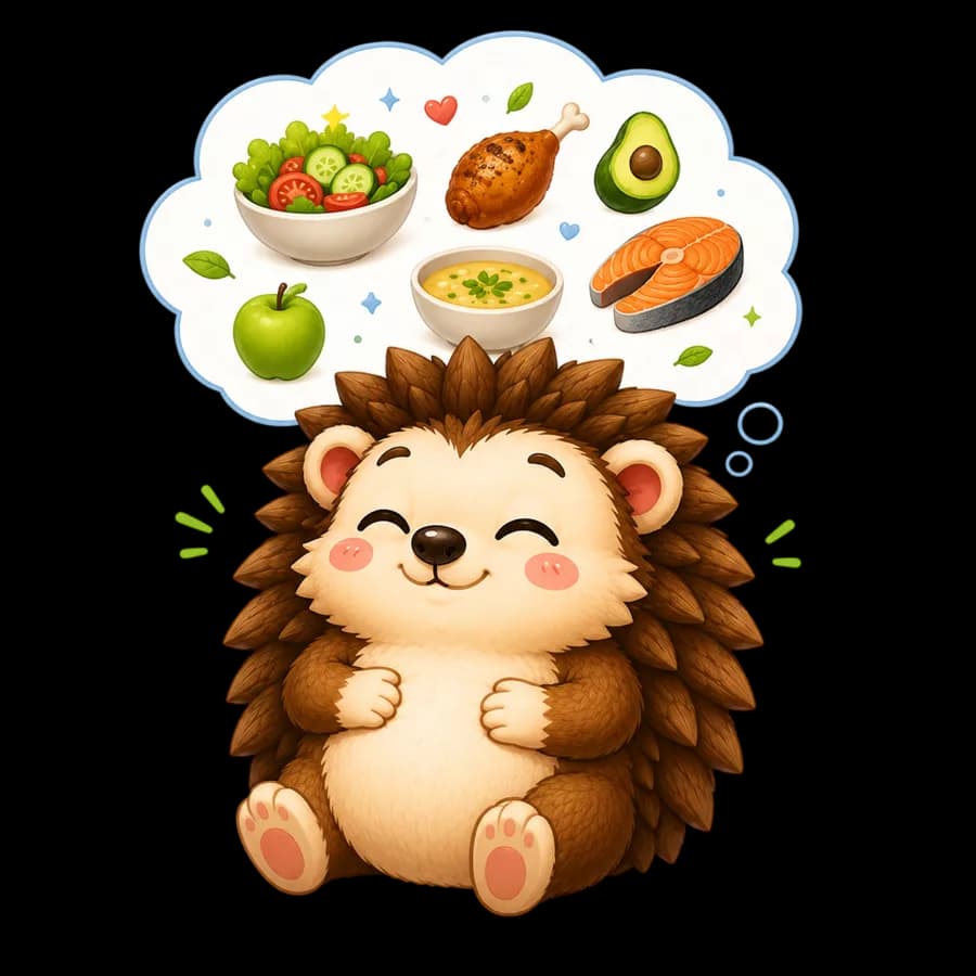 Pal the Hedgepal hedgehog mascot day-dreaming about healthy foods like salad, salmon and avocado